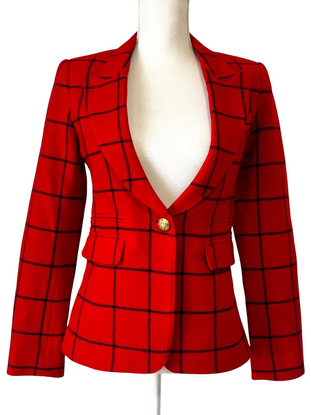 SMYTHE Duchess Blazer Red Windowpane Leather Elbow Patches Jacket Size 4